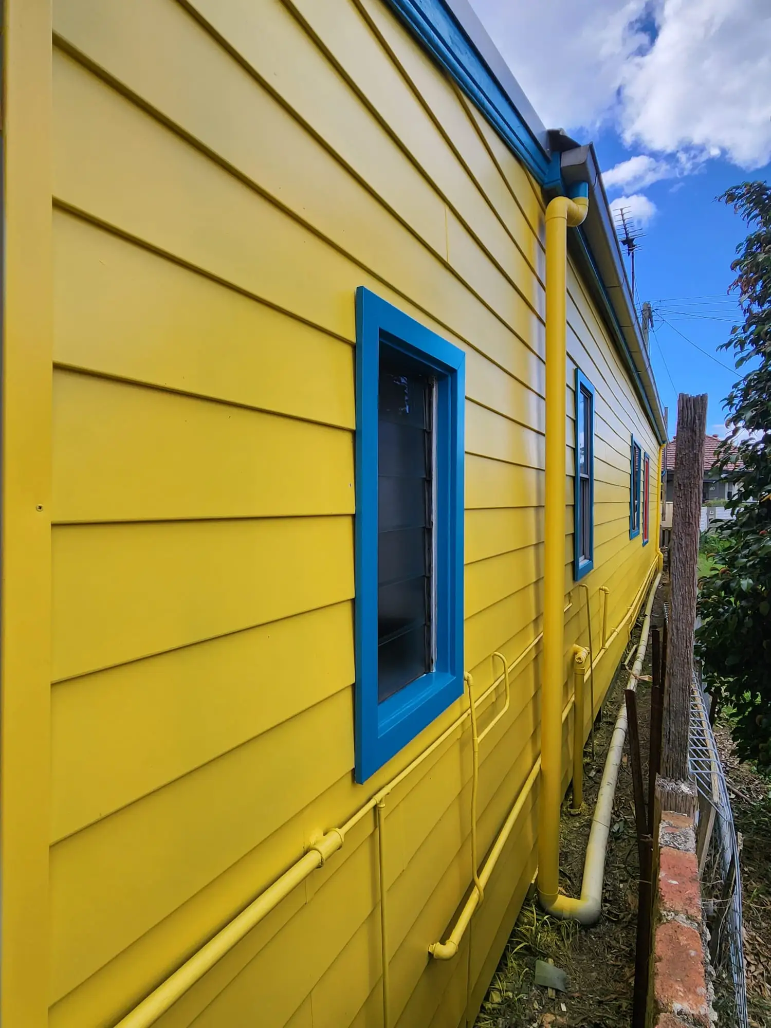 Yellow weatherboard wall with blue-framed windows after an exterior repaint