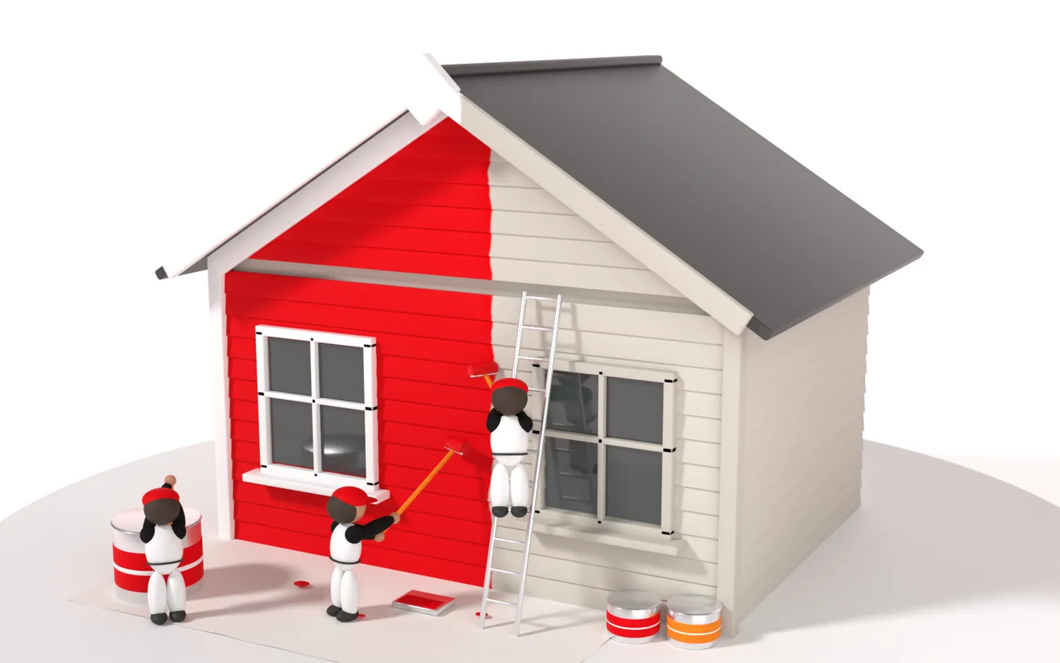 3D illustration of tiny painters in red caps rolling fresh red paint onto a giant weatherboard house